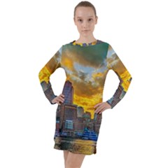 Boston Skyline Cityscape River Long Sleeve Hoodie Dress by Sarkoni