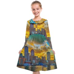 Boston Skyline Cityscape River Kids  Midi Sailor Dress by Sarkoni