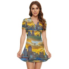 Boston Skyline Cityscape River V-neck High Waist Chiffon Mini Dress by Sarkoni