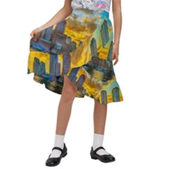 Boston Skyline Cityscape River Kids  Ruffle Flared Wrap Midi Skirt by Sarkoni