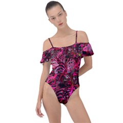 Red Leaves Plant Nature Leaves Frill Detail One Piece Swimsuit