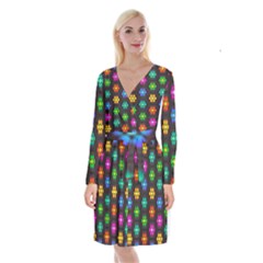 Pattern Background Colorful Design Long Sleeve Velvet Front Wrap Dress