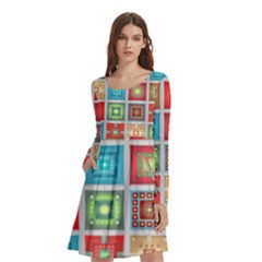 Tiles Pattern Background Colorful Long Sleeve Knee Length Skater Dress With Pockets