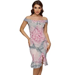 Cloves Flowers Pink Carnation Pink Off Shoulder Ruffle Split Hem Bodycon Dress