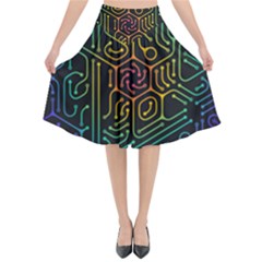 Circuit Hexagonal Geometric Pattern Background Pattern Flared Midi Skirt by Vaneshop