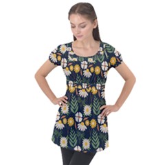 Flower Grey Pattern Floral Puff Sleeve Tunic Top