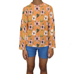 Flower Orange Pattern Floral Kids  Long Sleeve Swimwear by Dutashop