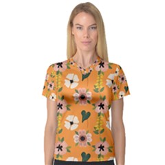 Flower Orange Pattern Floral V-neck Sport Mesh T-shirt