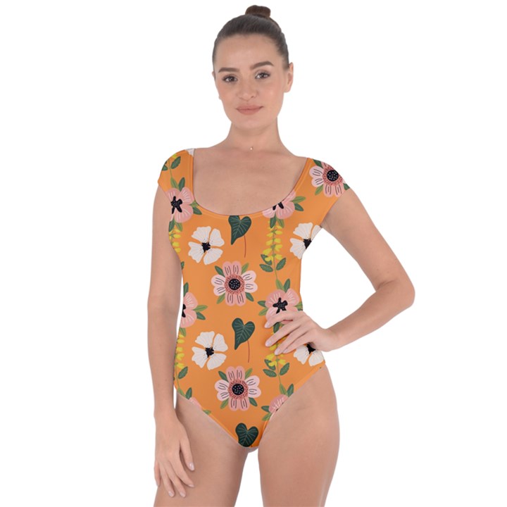 Flower Orange Pattern Floral Short Sleeve Leotard 