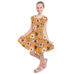 Flower Orange Pattern Floral Kids  Short Sleeve Dress