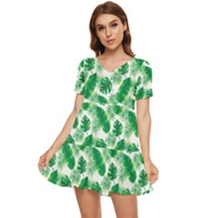 Tropical Leaf Pattern Tiered Short Sleeve Babydoll Dress