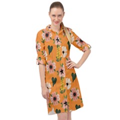 Flower Orange Pattern Floral Long Sleeve Mini Shirt Dress