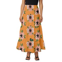 Flower Orange Pattern Floral Tiered Ruffle Maxi Skirt