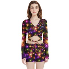 Star Colorful Christmas Abstract Velvet Wrap Crop Top And Shorts Set