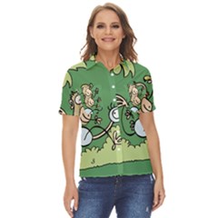 Ostrich Jungle Monkey Plants Women s Short Sleeve Double Pocket Shirt