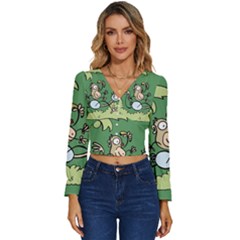 Ostrich Jungle Monkey Plants Long Sleeve V-Neck Top