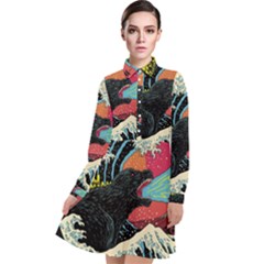 Retro Wave Kaiju Godzilla Japanese Pop Art Style Long Sleeve Chiffon Shirt Dress by Modalart