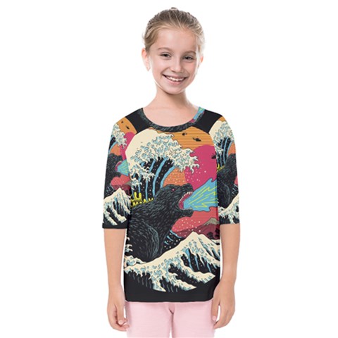 Retro Wave Kaiju Godzilla Japanese Pop Art Style Kids  Quarter Sleeve Raglan T-shirt by Modalart