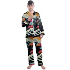 Retro Wave Kaiju Godzilla Japanese Pop Art Style Men s Long Sleeve Satin Pajamas Set by Modalart