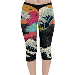 Retro Wave Kaiju Godzilla Japanese Pop Art Style Velvet Capri Leggings  by Modalart