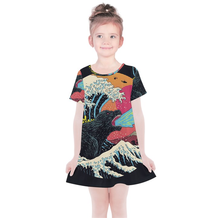 Retro Wave Kaiju Godzilla Japanese Pop Art Style Kids  Simple Cotton Dress