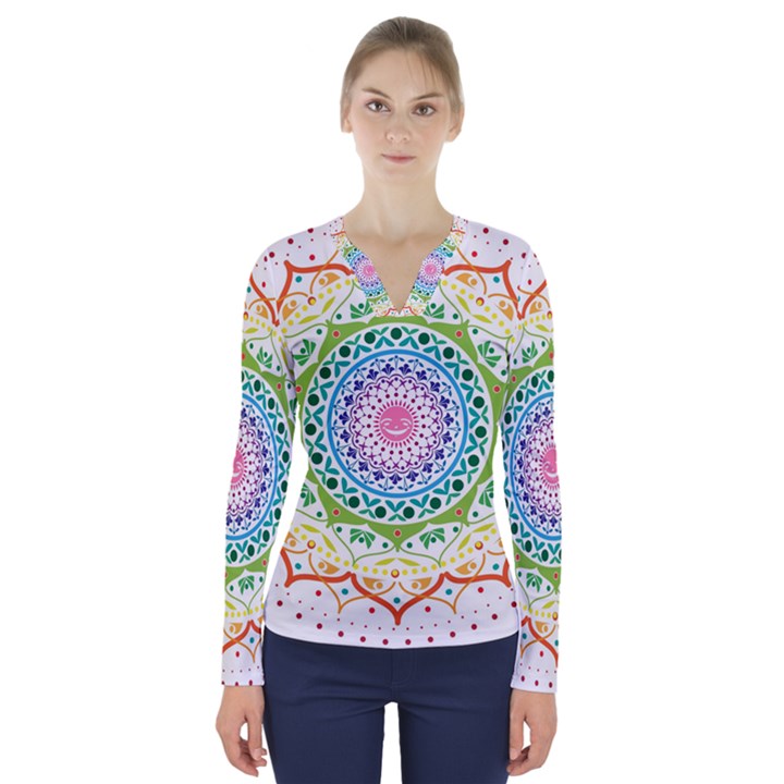 Mandala Pattern Rainbow Pride V-Neck Long Sleeve Top