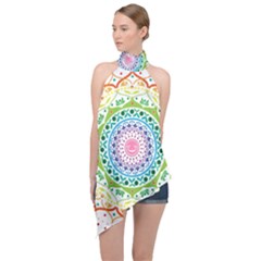 Mandala Pattern Rainbow Pride Halter Asymmetric Satin Top