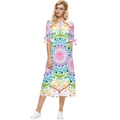 Mandala Pattern Rainbow Pride Bow Sleeve Chiffon Midi Dress by Ravend