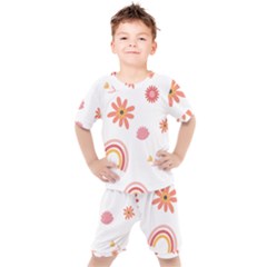 Seamless Pattern Flowers Rainbow Kids  T-shirt And Shorts Set