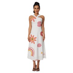 Seamless Pattern Flowers Rainbow Sleeveless Cross Front Cocktail Midi Chiffon Dress by Ravend