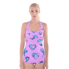 Hearts Pattern Love Background Boyleg Halter Swimsuit  by Ravend