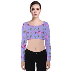 Flower Pink Pig Piggy Seamless Velvet Long Sleeve Crop Top by Ravend