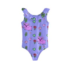 Flower Pink Pig Piggy Seamless Kids  Frill Swimsuit