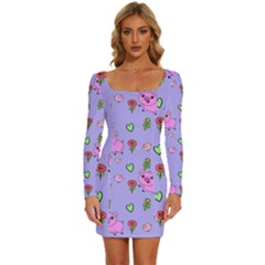 Flower Pink Pig Piggy Seamless Long Sleeve Square Neck Bodycon Velvet Dress