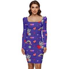 Rabbit Hearts Texture Seamless Pattern Women Long Sleeve Ruched Stretch Jersey Dress