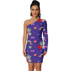 Rabbit Hearts Texture Seamless Pattern Long Sleeve One Shoulder Mini Dress