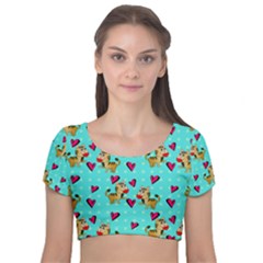 Cat Love Pattern Velvet Short Sleeve Crop Top  by Ravend