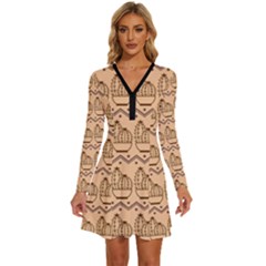 Pattern Design Background Nature Long Sleeve Deep V Mini Dress 