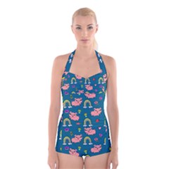 Flowers Pink Pig Piggy Seamless Boyleg Halter Swimsuit  by Ravend