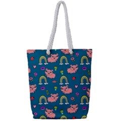 Flowers Pink Pig Piggy Seamless Full Print Rope Handle Tote (small)