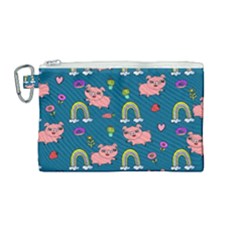 Flowers Pink Pig Piggy Seamless Canvas Cosmetic Bag (medium)