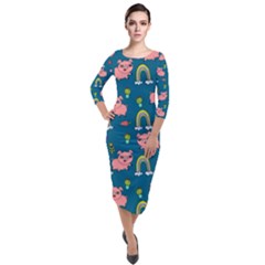 Flowers Pink Pig Piggy Seamless Quarter Sleeve Midi Velour Bodycon Dress