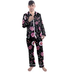 Flowers Pattern Men s Long Sleeve Satin Pajamas Set