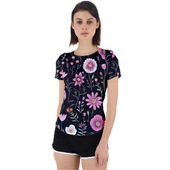 Flowers Pattern Back Cut Out Sport T-shirt