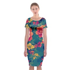 Floral Art Flowers Textile Classic Short Sleeve Midi Dress