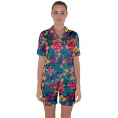 Floral Art Flowers Textile Satin Short Sleeve Pajamas Set by Ravend