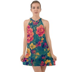 Floral Art Flowers Textile Halter Tie Back Chiffon Dress