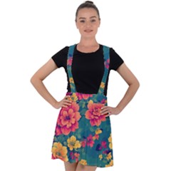 Floral Art Flowers Textile Velvet Suspender Skater Skirt by Ravend