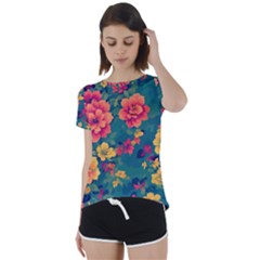 Floral Art Flowers Textile Short Sleeve Open Back T-shirt