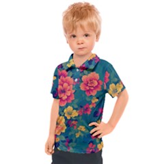 Floral Art Flowers Textile Kids  Polo T-shirt